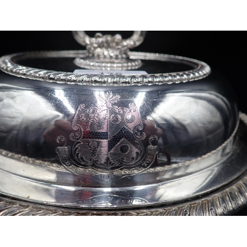 125 - A Sheffield plated circular Vegetable Dish and Cover, engraved coat of arms, gadroon rims, on Stand ... 