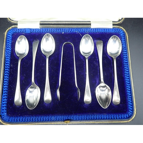 127 - Six George V silver Teaspoons and a pair of Sugar Tongs, Sheffield 1913, in case