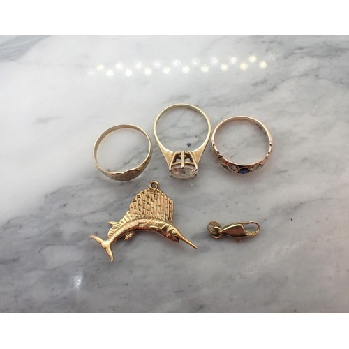 165 - A 9ct gold Signet Ring, two 9ct gold Rings set paste and synthetic stones, a Clasp and a swordfish C... 