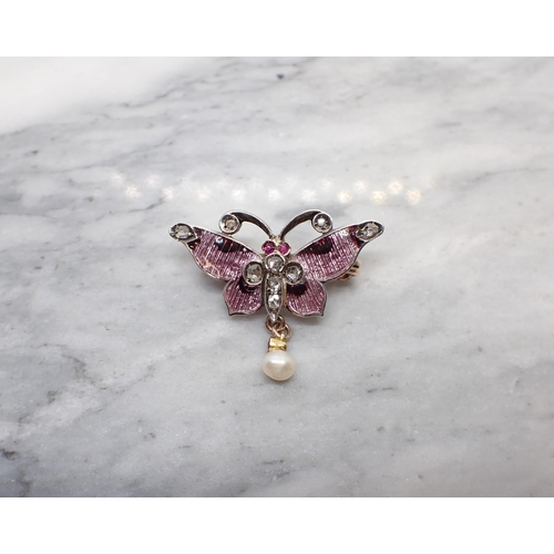 180 - A gem-set and purple enamel Butterfly Brooch set rose-cut diamonds to body, wing tips and antennae, ... 