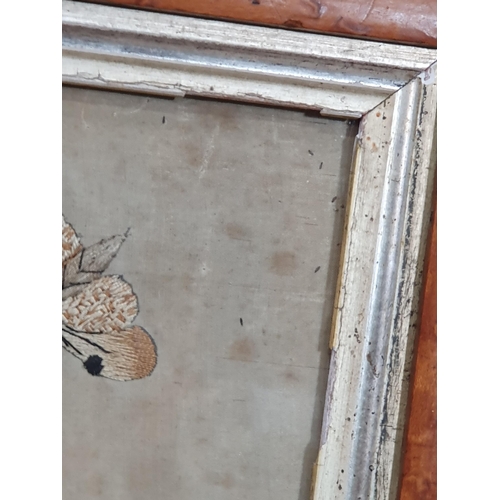 23 - An antique Silk and Needlework Panel of basket of Flowers and Insects in maple frame A/F.