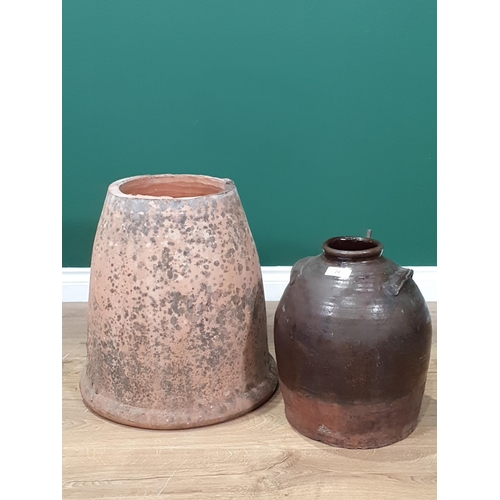 24 - A glazed pottery Storage Jar with indistinct makers mark, and a Rhubarb Forcer (Cover Missing).