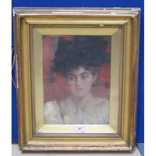 407 - ROBERT EDWARD MORRISON. A Girl with a Red Parasol, signed, oil on panel, 13½ x 9½in