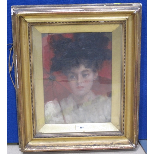 407 - ROBERT EDWARD MORRISON. A Girl with a Red Parasol, signed, oil on panel, 13½ x 9½in