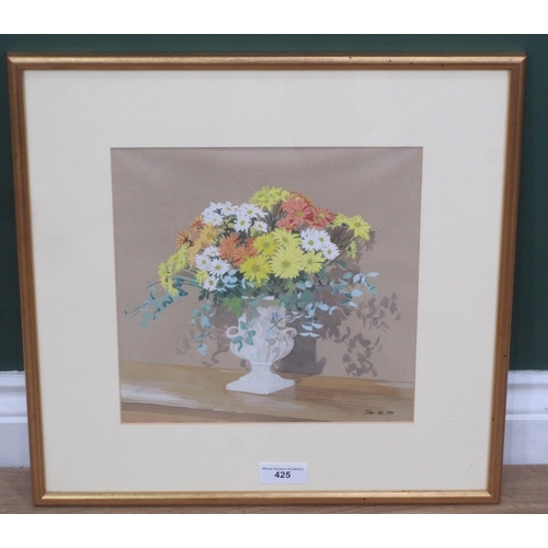 425 - JOHN SILK. A Still Life of flowers in an urn, signed and dated 1994, watercolour heightened with gou... 