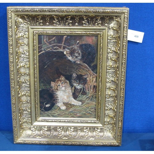 428 - LATE 20TH CENTURY SCHOOL.. Four kittens in a basket, oil on canvas, 19 x 13in