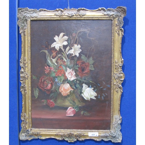 430 - ENGLISH SCHOOL, early 20th Century. A Still Life of Flowers in a Vase, oil on panel, 20¼ x 15in; tog... 