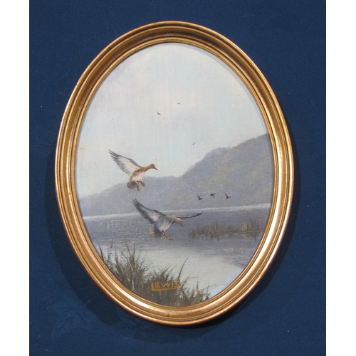 437 - NICHOLAS LEWIS. Lakeland scenes with wildfowl, signed, circular, oil on canvas board, 9½ x 7in; thre... 