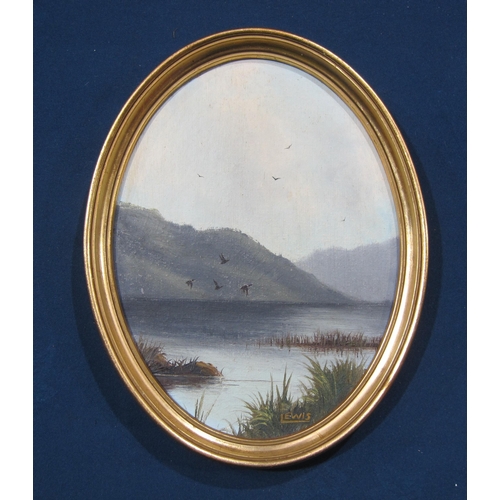 437 - NICHOLAS LEWIS. Lakeland scenes with wildfowl, signed, circular, oil on canvas board, 9½ x 7in; thre... 