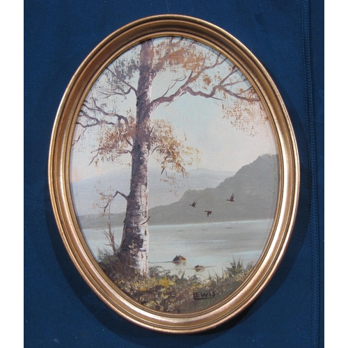 437 - NICHOLAS LEWIS. Lakeland scenes with wildfowl, signed, circular, oil on canvas board, 9½ x 7in; thre... 