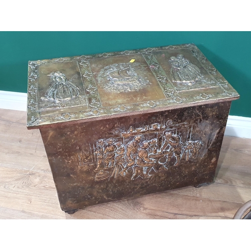 468 - A Copper Coal Bucket, a Coal Scuttle, a vintage Fire Extinguisher, and a brass embossed Log Box.