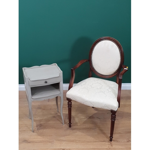 475 - A pair of yellow painted Bedside Tables, a grey painted Bedside Table and a cream upholstered Elbow ... 