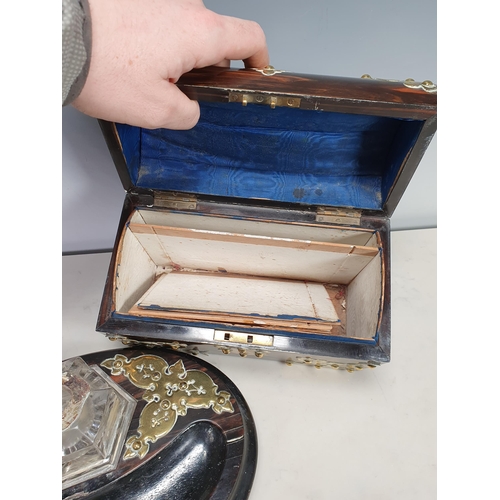 482 - A 19th Century brass bound Coromandel Stationary Box and matching Inkstand A/F (Inkwell Broken).