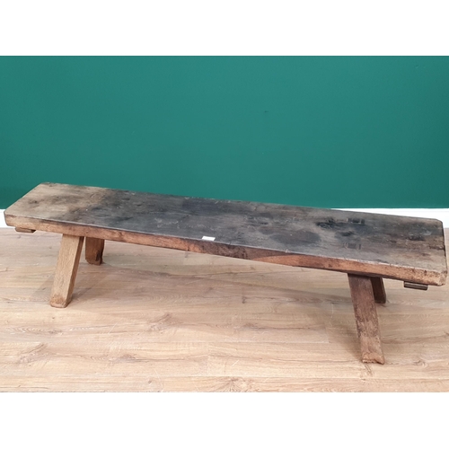 5 - An old oak Pig Bench with single plank top on square supports, 5ft 8