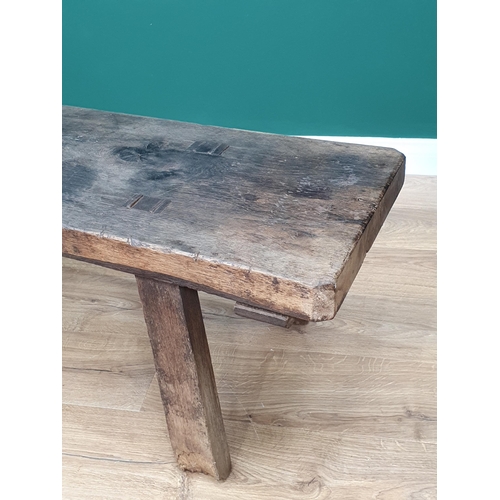 5 - An old oak Pig Bench with single plank top on square supports, 5ft 8