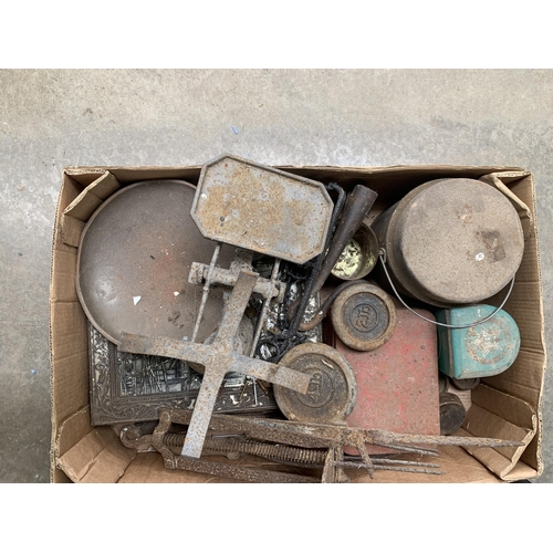 500 - Three boxes of assorted Tools and other Bygones including, two Yokes, two Traps, Scales, Measures, a... 