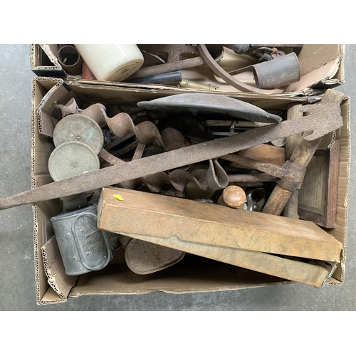 500 - Three boxes of assorted Tools and other Bygones including, two Yokes, two Traps, Scales, Measures, a... 