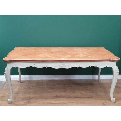 509 - A French style draw leaf Dining Table with cream painted base on carved cabriole supports, 6ft Long ... 