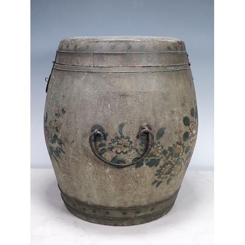 525 - An oriental painted Barrel shaped Storage Container with hinged lid, pair of metal carry handles, wi... 