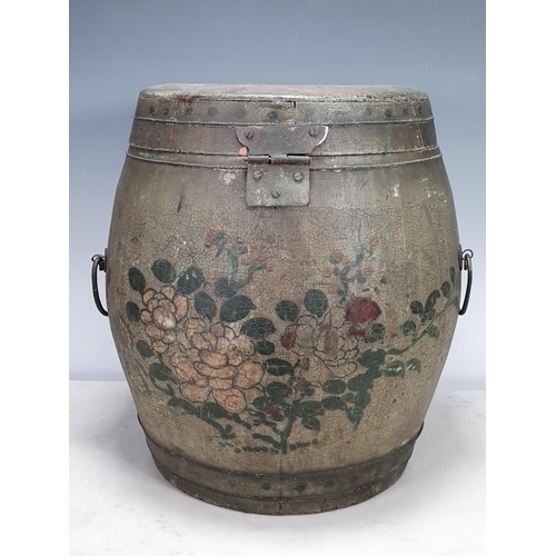 525 - An oriental painted Barrel shaped Storage Container with hinged lid, pair of metal carry handles, wi... 