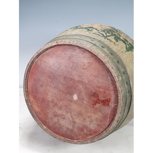 525 - An oriental painted Barrel shaped Storage Container with hinged lid, pair of metal carry handles, wi... 