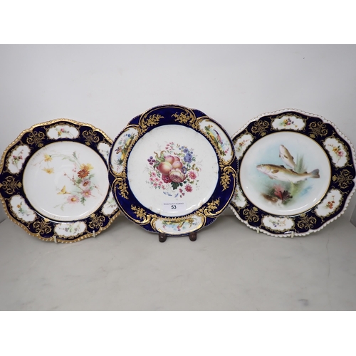 53 - A Sevres type Plate painted fruit and floral bouquet, exotic birds, blue & gilt border, blue Sevres ... 