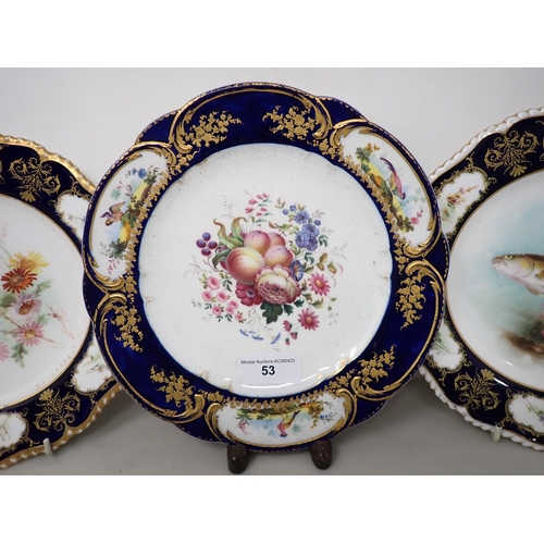 53 - A Sevres type Plate painted fruit and floral bouquet, exotic birds, blue & gilt border, blue Sevres ... 