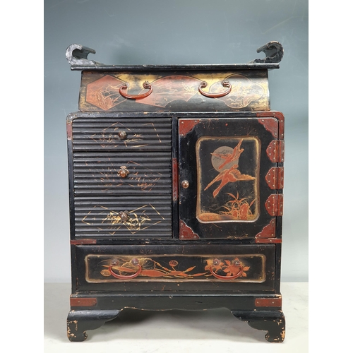 530 - An oriental lacquered Cabinet with gilt floral and bird decorations 1ft Wide x 17