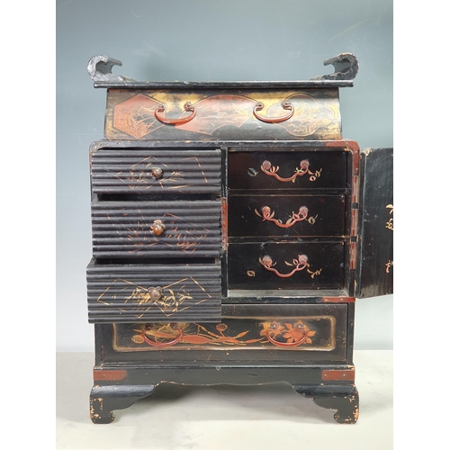 530 - An oriental lacquered Cabinet with gilt floral and bird decorations 1ft Wide x 17