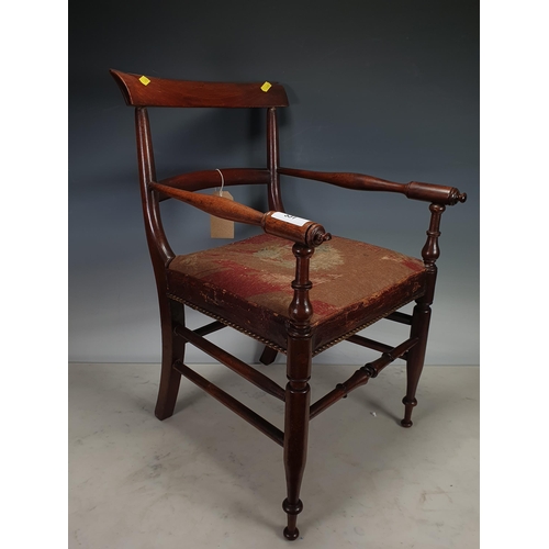 531 - A mahogany Childs Chair with red upholstered seat with floral decorations on turned supports and a G... 