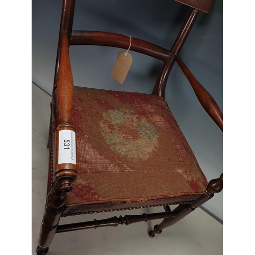 531 - A mahogany Childs Chair with red upholstered seat with floral decorations on turned supports and a G... 