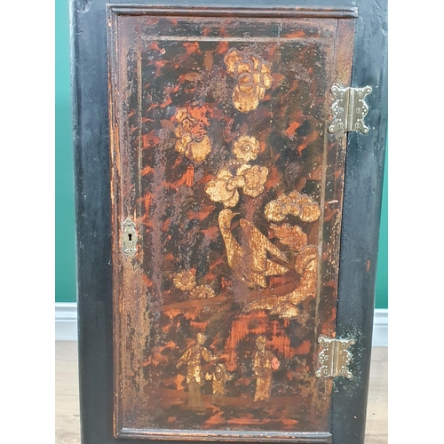 544 - A painted Hanging Corner Cupboard, the door with painted Figure, Bird and Floral decorations with br... 