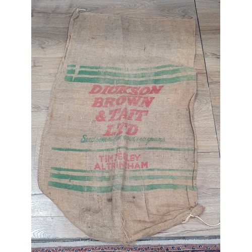 546 - Five hessian Sacks with various advertising logos (some repairs).