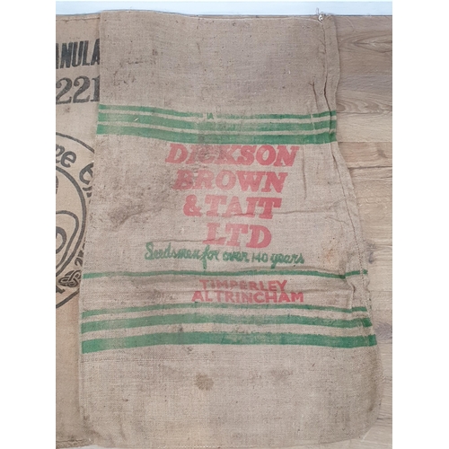 547 - Five hessian Sacks with various advertising logos (some repairs).