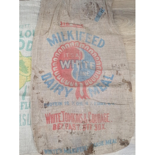 550 - Five hessian Sacks with various advertising logos (some repairs).