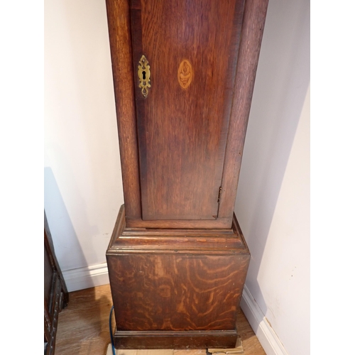 58 - A 19th Century Longcase Clock with square painted dial, 30-hour movement, in oak case having mahogan... 