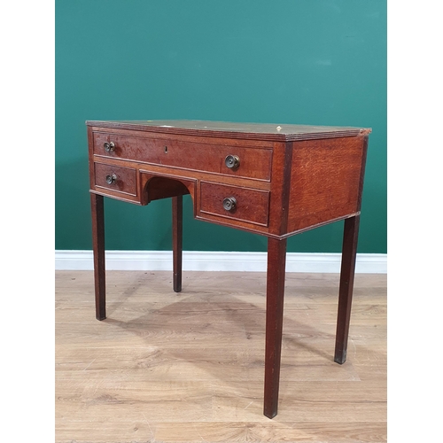 588 - An antique oak and crossbanded Side Table fitted single long drawer above tow short drawers on squar... 