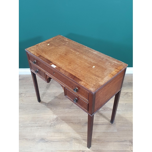 588 - An antique oak and crossbanded Side Table fitted single long drawer above tow short drawers on squar... 