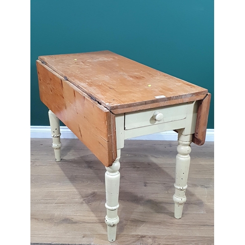 597 - A painted pine Dropleaf Table with single fitted drawer on turned supports, 3ft 6in Long x 1ft 8in W... 