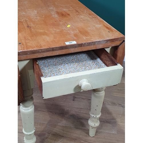 597 - A painted pine Dropleaf Table with single fitted drawer on turned supports, 3ft 6in Long x 1ft 8in W... 