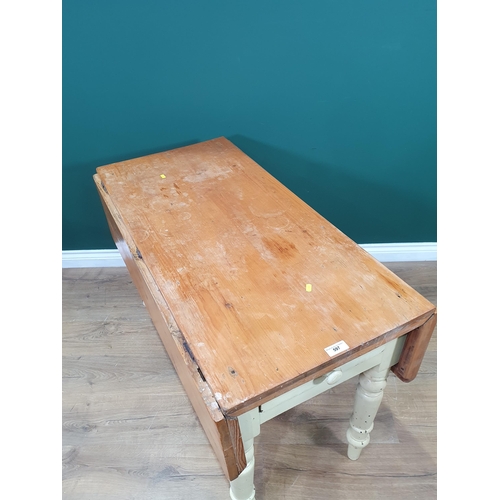 597 - A painted pine Dropleaf Table with single fitted drawer on turned supports, 3ft 6in Long x 1ft 8in W... 