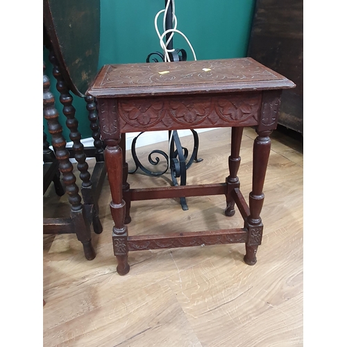 607 - An Eastern brass Tray top Table, a mahogany Cake Stand A/F,  an oval floral inlaid Tray, two Standar... 