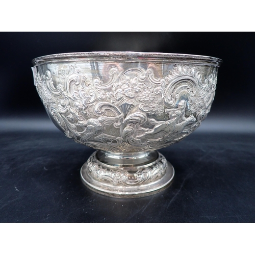 64 - A Victorian silver Rose Bowl embossed stag hunting scene, vacant cartouche, London 1898, 9½in diam, ... 