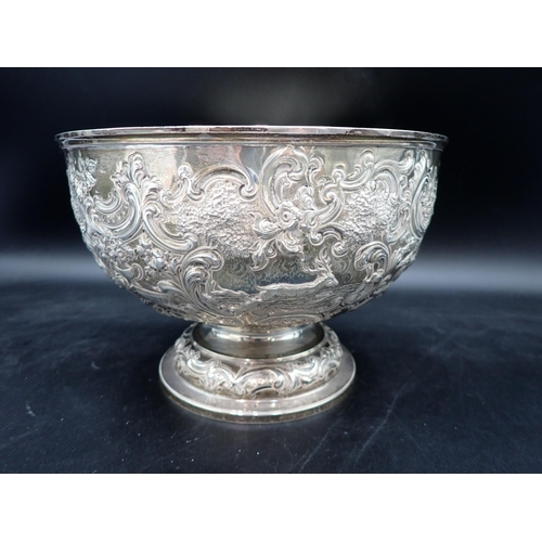 64 - A Victorian silver Rose Bowl embossed stag hunting scene, vacant cartouche, London 1898, 9½in diam, ... 