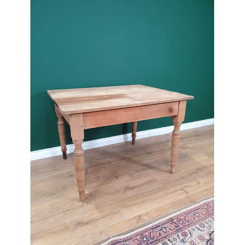 8 - A small pine Kitchen Table fitted single drawer, raised on turned and tapered supports, (Woodworm in... 