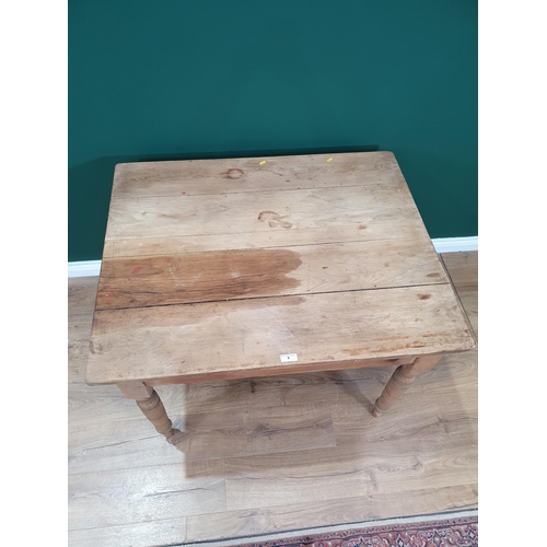 8 - A small pine Kitchen Table fitted single drawer, raised on turned and tapered supports, (Woodworm in... 