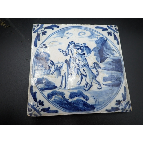 84 - Fourteen delft blue and white Tiles decorated Figures on horseback