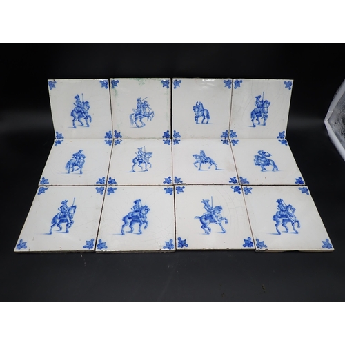 84 - Fourteen delft blue and white Tiles decorated Figures on horseback