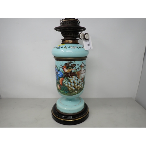 87 - A Victorian opaque glass Oil Lamp painted fruit urn, bird etc with Hinks Duplex Patent mechanism.