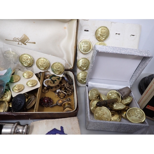 93 - A pair of Trench Art Vases, 11 in, Buttons, Badges, Cloth badges, Coin Paperweight, Magnifying Glass... 